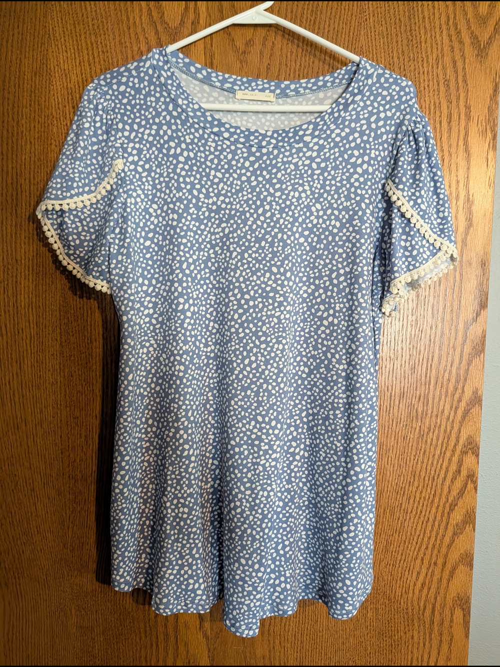 Light Blue Dot Print Mini Dress with Pom-Pom Trim
